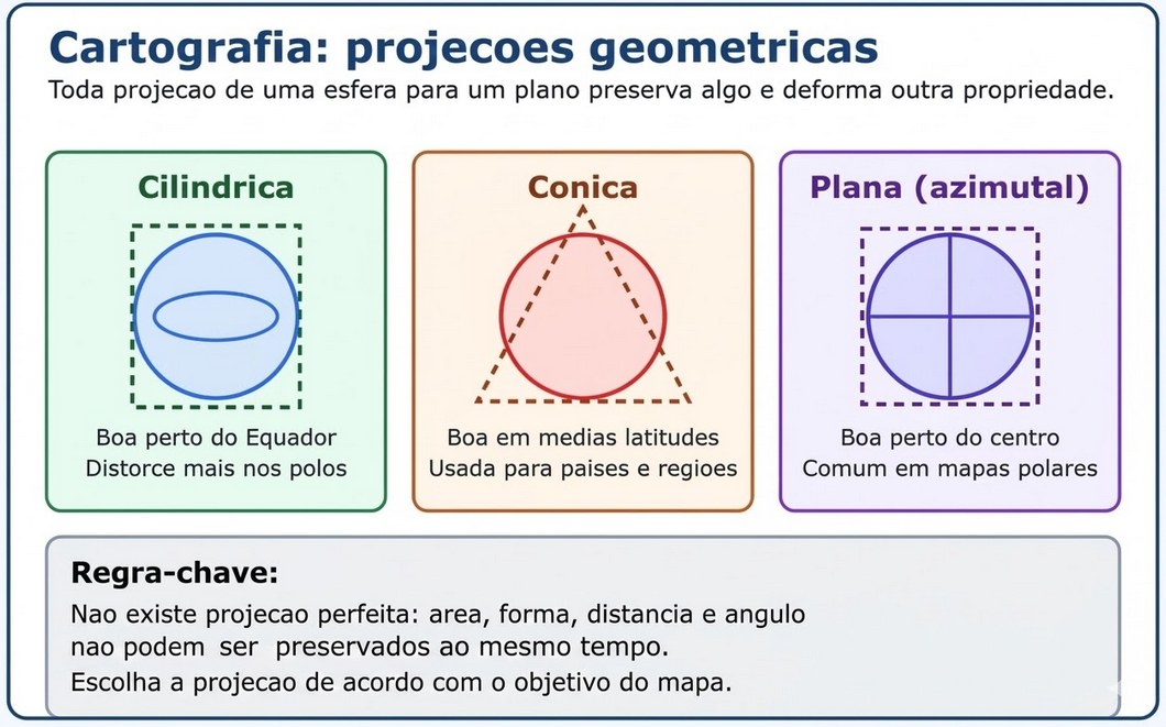 Esquema didático de projeções cartográficas cilíndrica, cônica e plana